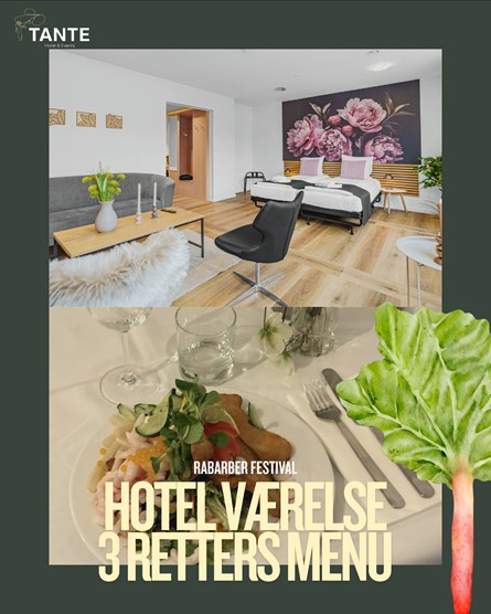 Hotelophold med 3 retters menu med rabarber og morgenmad